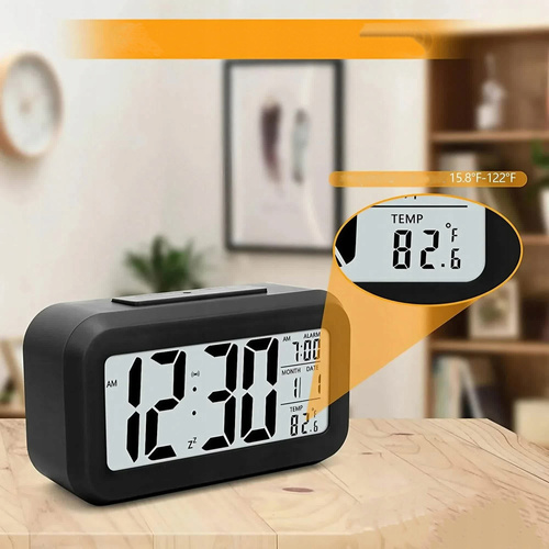 BUDZIK ZEGAR CICHY ELEKTRONICZNY LED PODŚWIETLENIE TERMOMETR