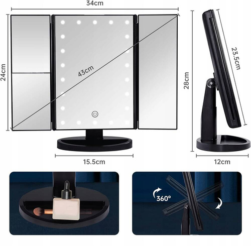 LUSTERKO KOSMETYCZNE PODŚWIETLANE POWIĘKSZAJĄCE SKŁADANE LED 22 DIODY